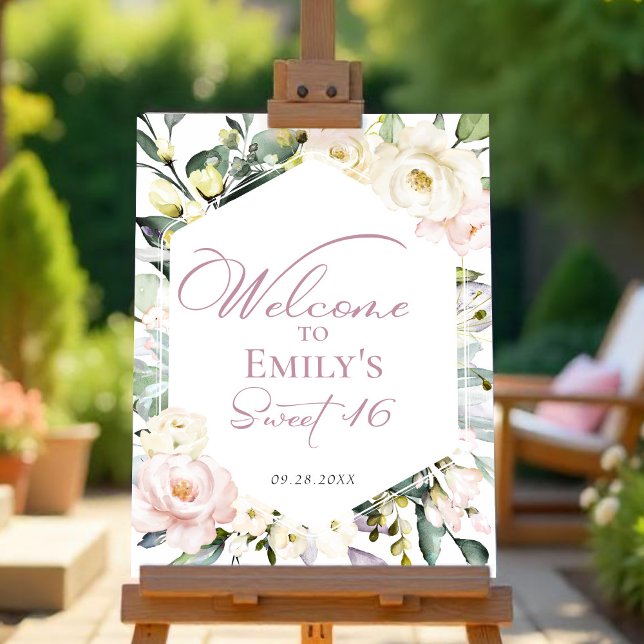 Boho Greenery Floral Frame Sweet 16 Welcome Sign (Creator Uploaded)