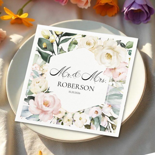 Boho Greenery Floral Frame Wedding Napkins (Creator Uploaded)