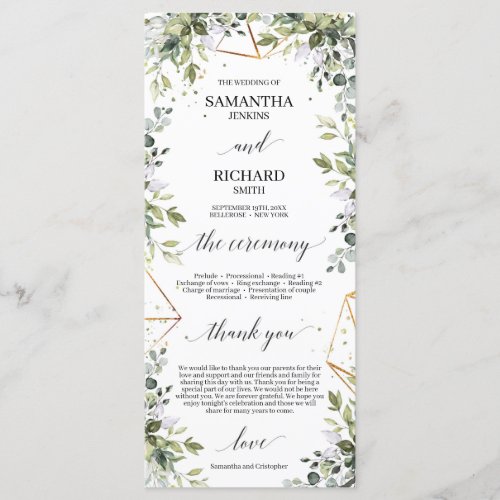 Boho greenery folaige eucalyptus gold wedding program