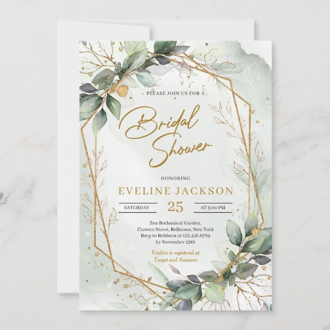 Boho greenery folaige faux gold geometric bridal invitation (Front)