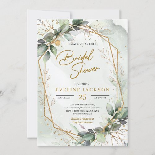 Boho greenery folaige faux gold geometric bridal invitation
