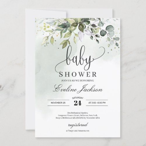 Boho greenery foliage eucalyptus baby shower invitation