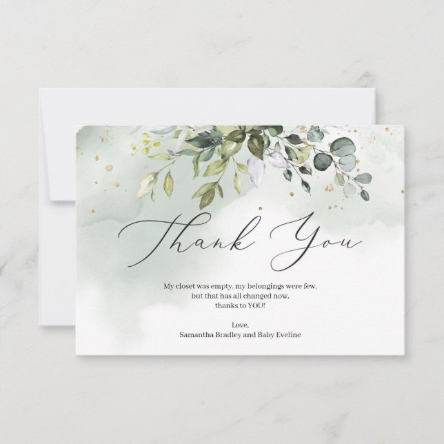 Boho greenery foliage eucalyptus Baby Shower Thank You Card (Front)