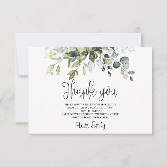 Boho greenery foliage eucalyptus bridal shower thank you card (Front)