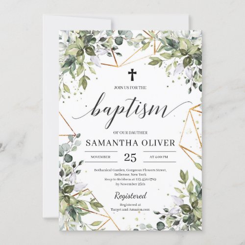 Boho Greenery foliage eucalyptus gold baptism Invitation