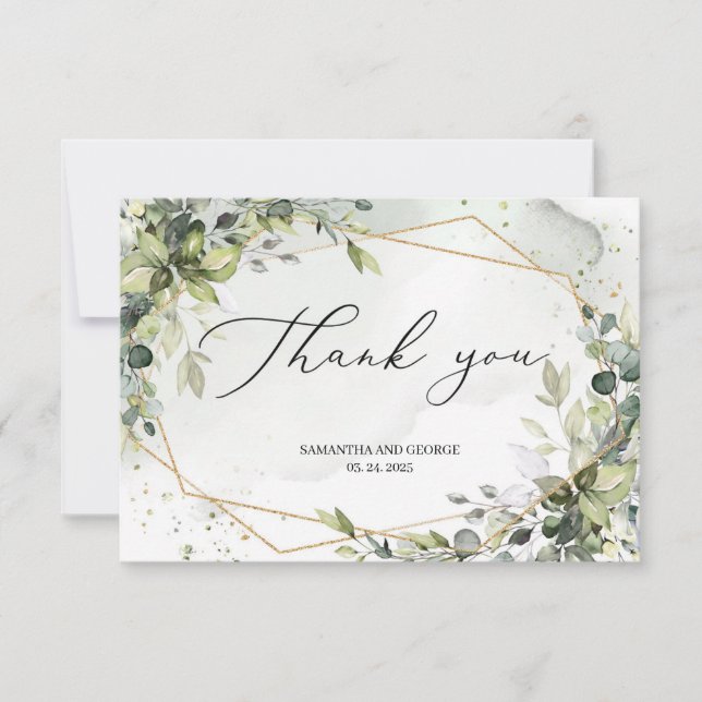 Boho greenery foliage eucalyptus gold geometric thank you card (Front)