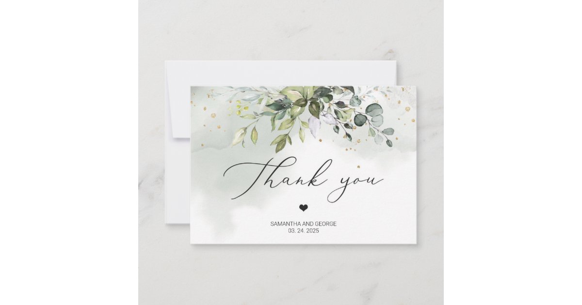 Boho greenery foliage eucalyptus leaves gold thank you card | Zazzle