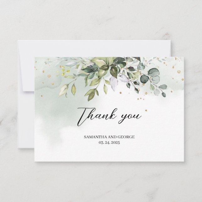 Boho greenery foliage eucalyptus leaves gold thank you card (Front)