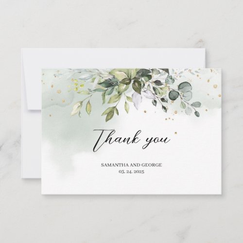 Boho greenery foliage eucalyptus leaves gold thank you card