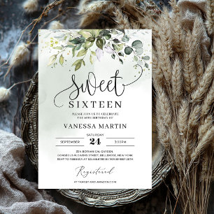 Boho greenery foliage eucalyptus sweet sixteen invitation