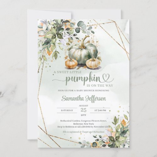 Boho greenery foliage fall leaves green pumpkin invitation