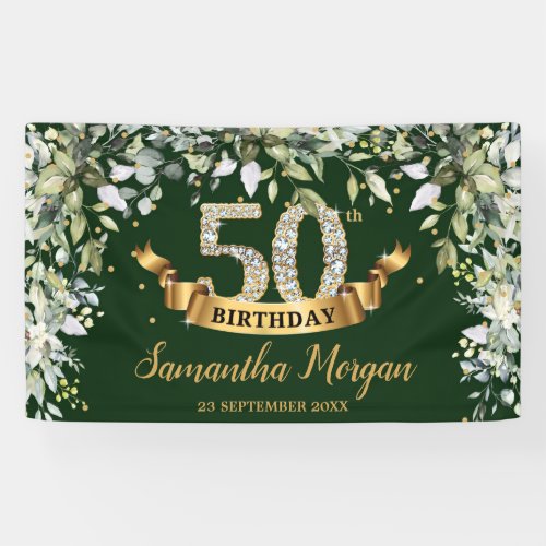 Boho greenery foliage gold 50th birthday party banner