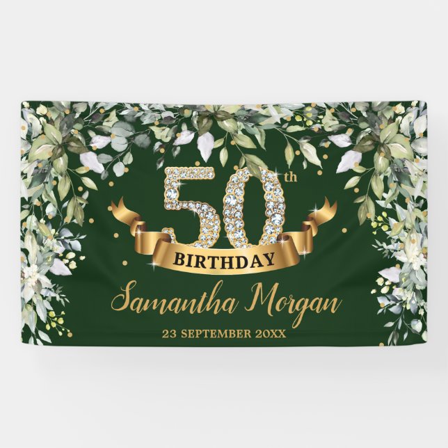 Boho greenery foliage gold 50th birthday party banner (Horizontal)