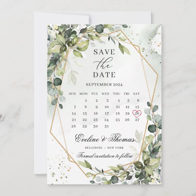 Boho greenery foliage gold frame month calendar save the date (Front)
