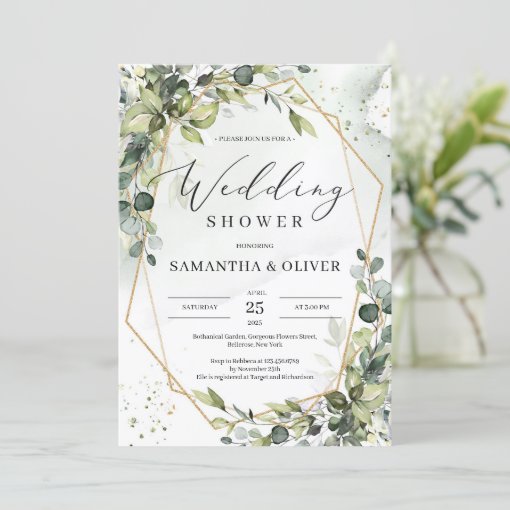 Boho greenery foliage gold frame wedding shower invitation | Zazzle