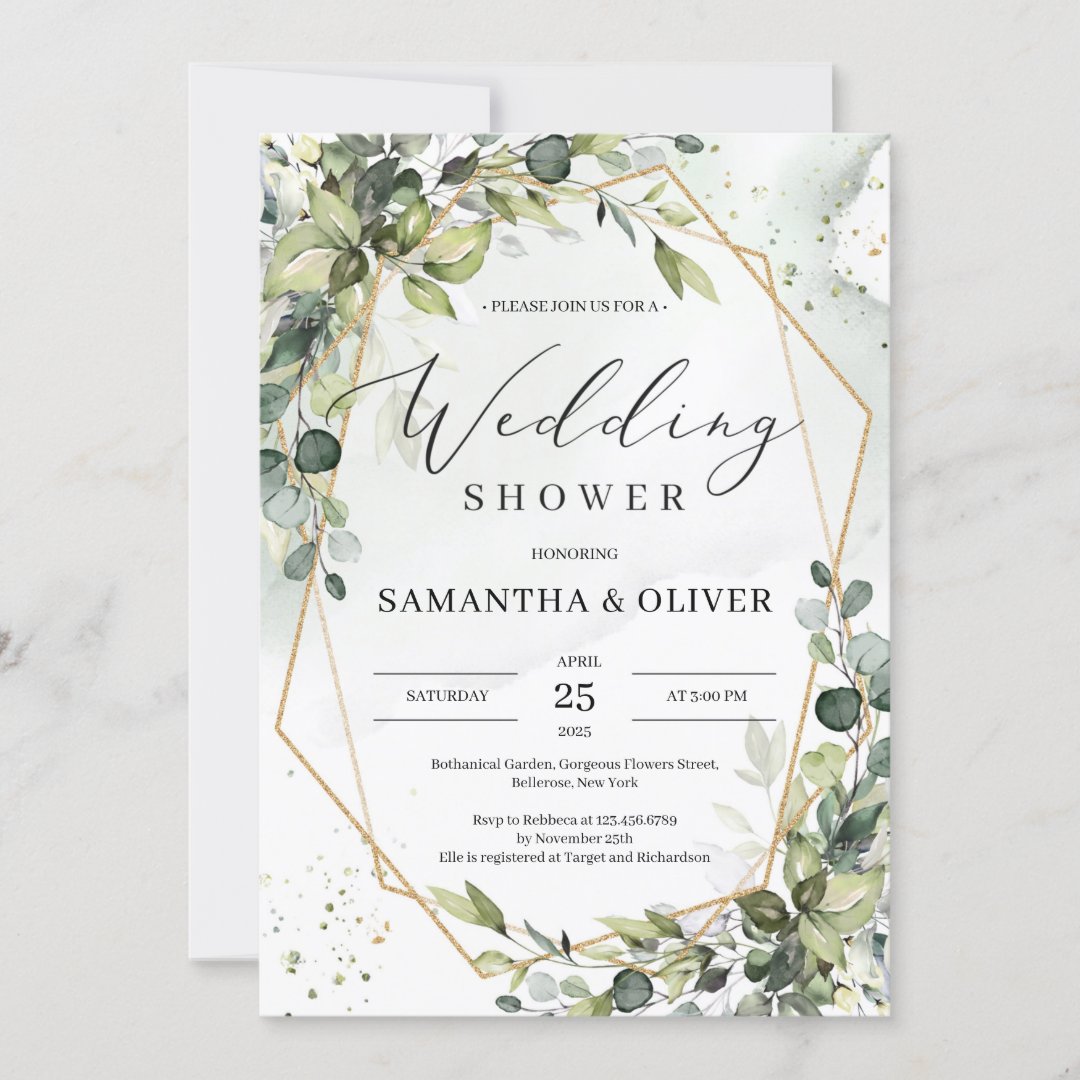 Boho greenery foliage gold frame wedding shower invitation | Zazzle