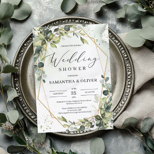 Boho greenery foliage gold frame wedding shower invitation