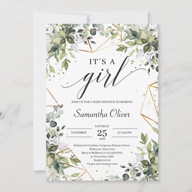 Boho greenery foliage gold it's a girl baby shower invitation (Front)