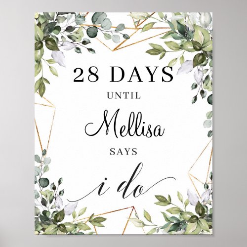 Boho greenery foliage leaves gold count down sign