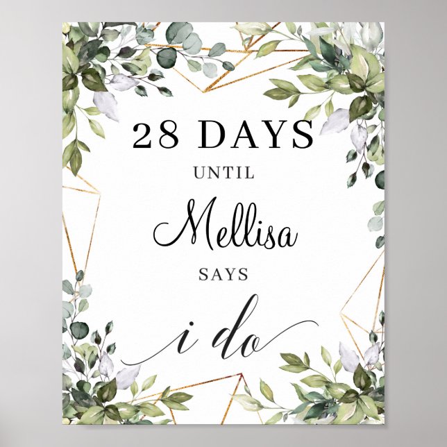 Boho greenery foliage leaves gold count down sign (Front)