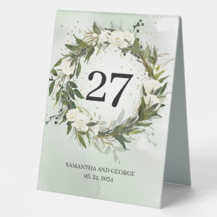 Boho greenery foliage olive wreath white roses  table tent