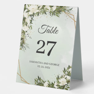 Boho greenery foliage olivewhite roses gold frame table tent