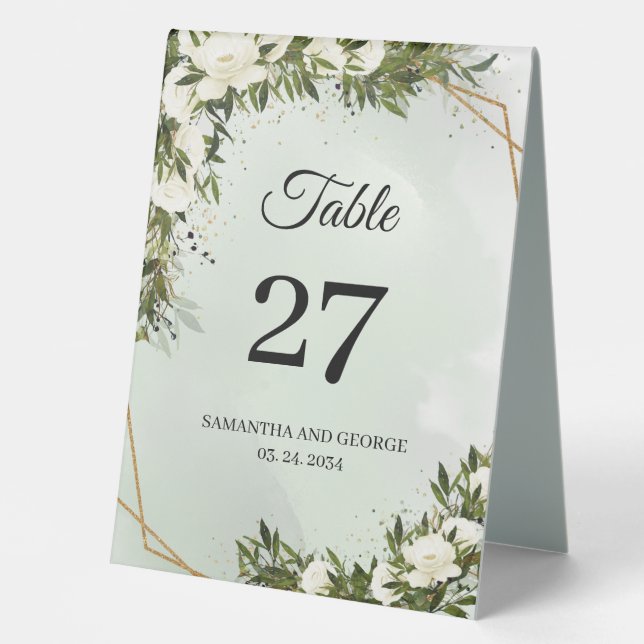 Boho greenery foliage olivewhite roses gold frame table tent (Front)