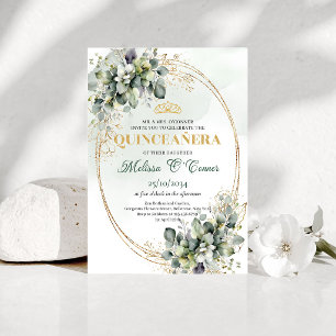 Boho Greenery Foliage Quinceañera Gold Invitation