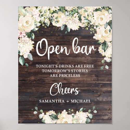 Boho greenery foliage rustic wood open bar sign