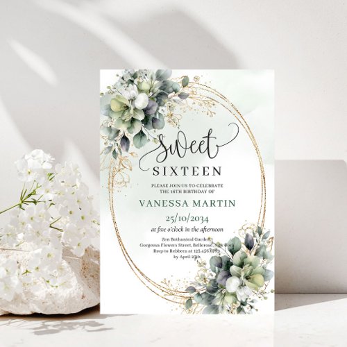 Boho Greenery Foliage Sweet 16 Gold Invitation