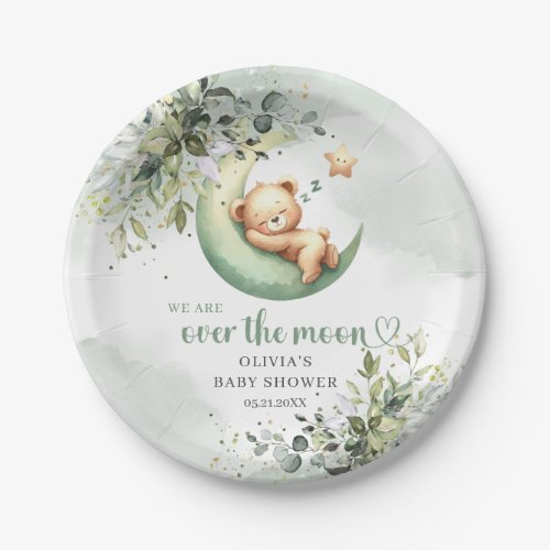 Boho greenery foliage teddy bear over the moon paper plates