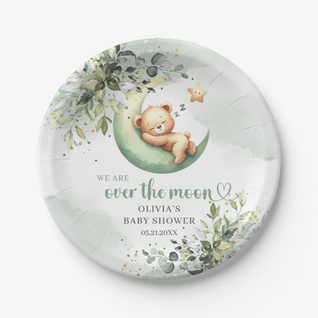 Boho greenery foliage teddy bear over the moon paper plates (Front)