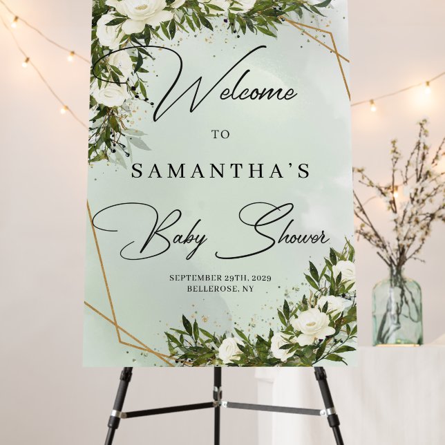 Boho greenery foliage white roses gold baby shower foam board (In Situ (Stand))