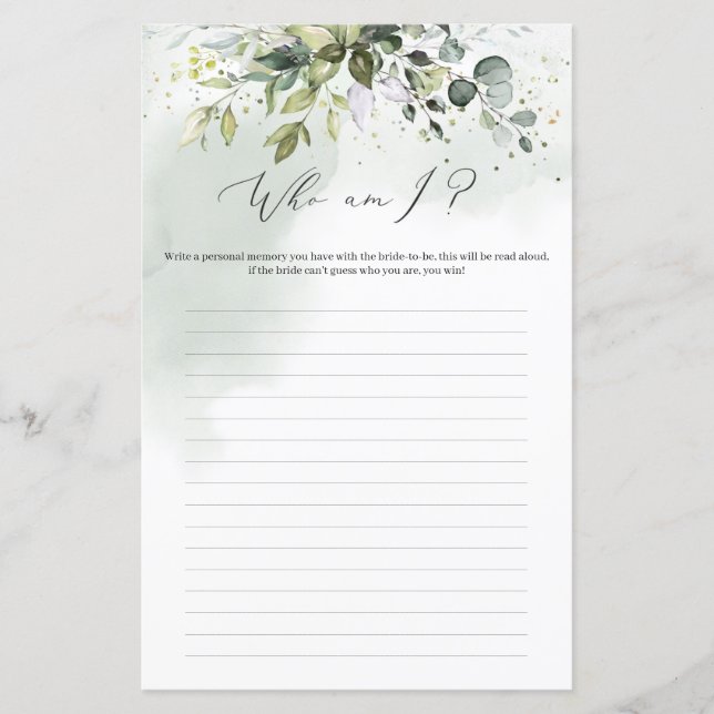 Boho greenery foliage Who Am I bridal shower game (Front)