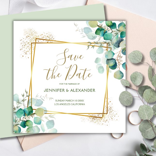 Boho Greenery Geometric Square Save the Date Invitation (Creator Uploaded)