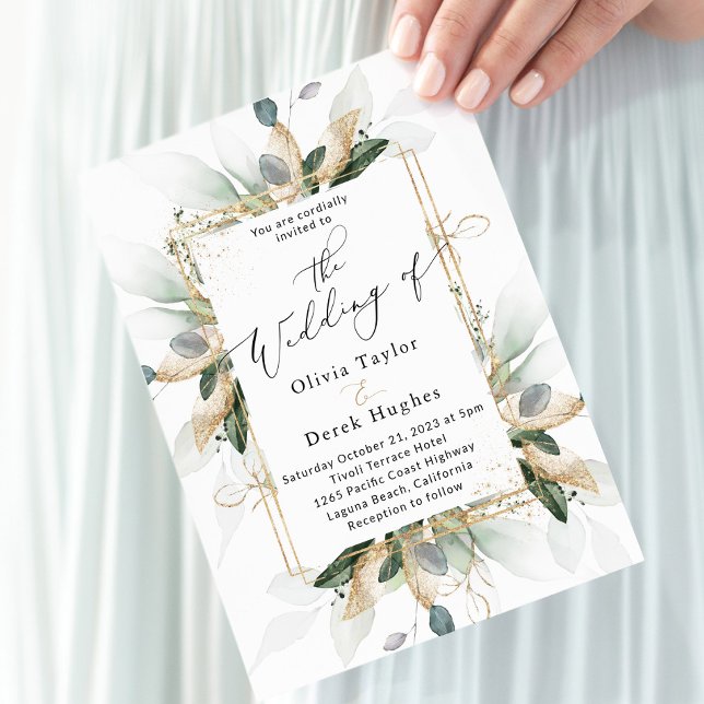 Boho Greenery & Gold Eucalyptus Frame Wedding Invitation (Creator Uploaded)