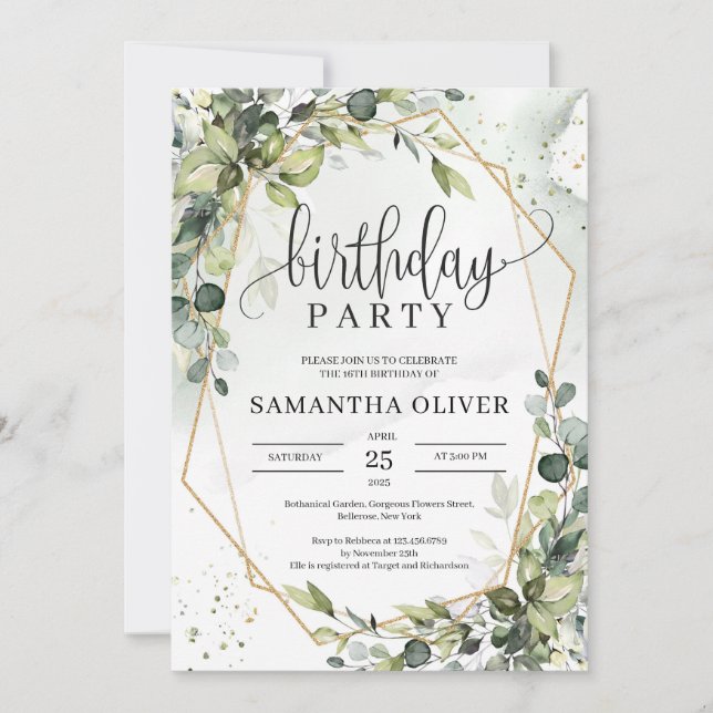 Boho greenery leaves gold geometric birthday party invitation (Front)