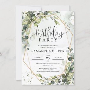 Boho greenery leaves gold geometric birthday party invitation