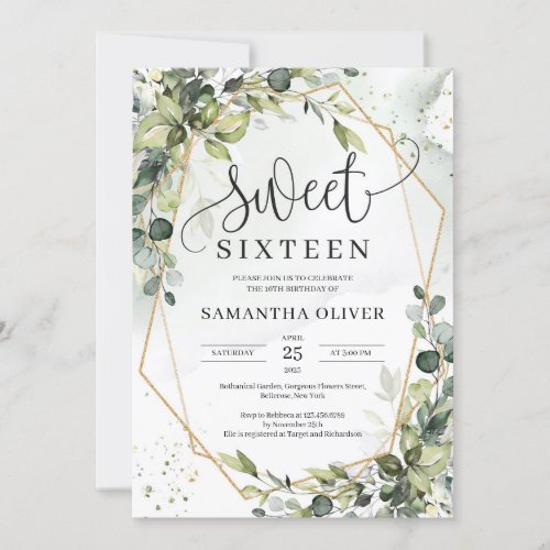 Boho greenery leaves gold geometric sweet sixteen invitation