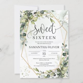 Boho greenery leaves gold geometric sweet sixteen invitation