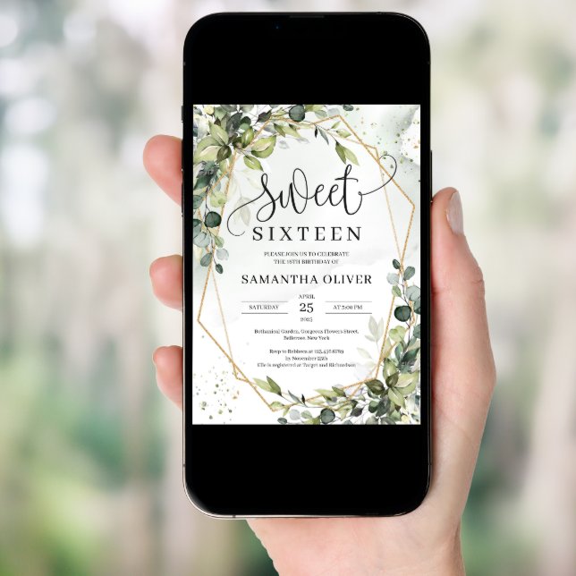 Boho greenery leaves gold geometric sweet sixteen invitation (Front Digital)