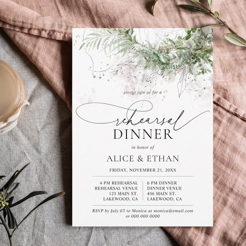 Boho Greenery Leaves Script Rehearsal Dinner Invitation