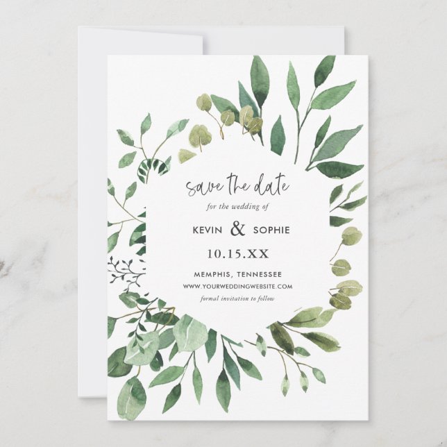 Boho Greenery Modern Save the Date Cards (Front)