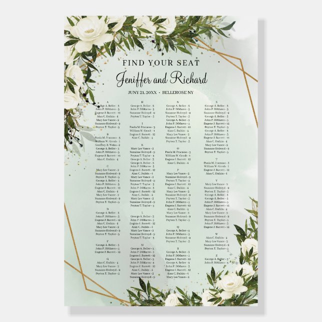 Boho greenery olive foliage white roses gold frame foam board (Front)