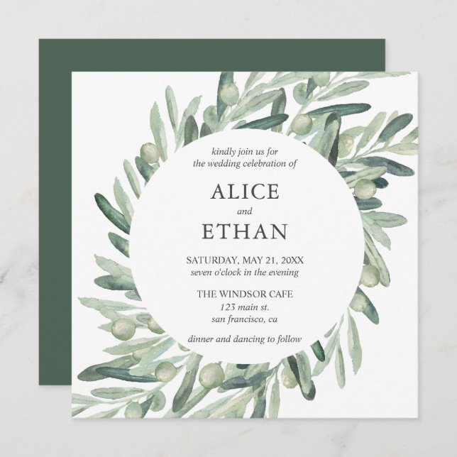 Boho Greenery Olive Leaves Wedding Invitation (Front/Back)