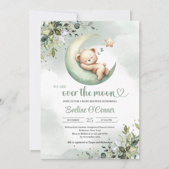 Boho greenery over the moon teddy bear baby invitation (Front)