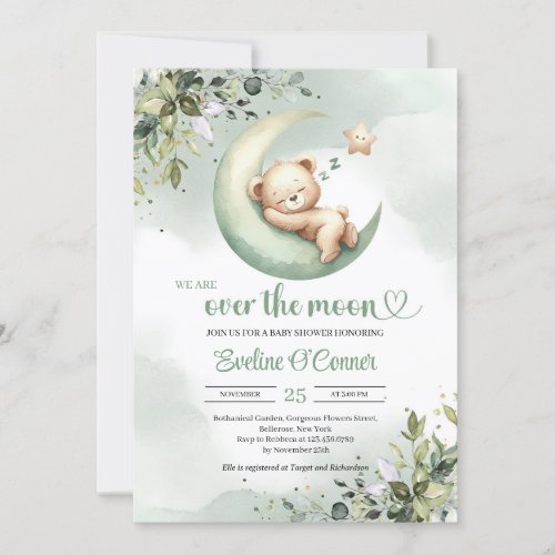 Boho greenery over the moon teddy bear baby invitation