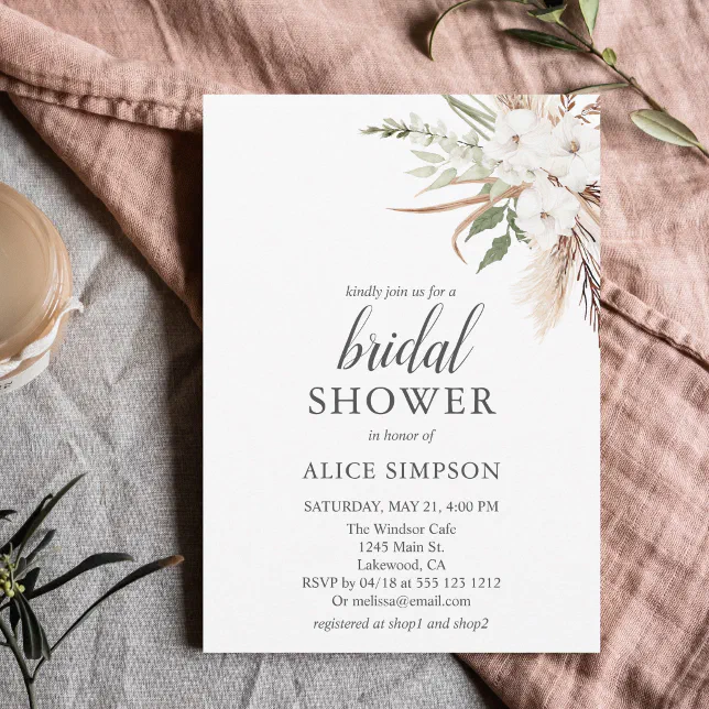 Boho Greenery Pampa Grass Bridal Shower Invitation | Zazzle