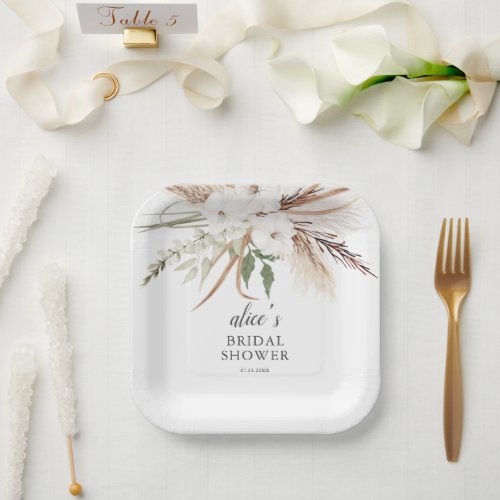 Boho Greenery Pampa Grass Bridal Shower Paper Plates