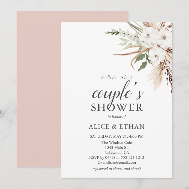 Boho Greenery Pampa Grass Couple Shower Invitation (Front/Back)